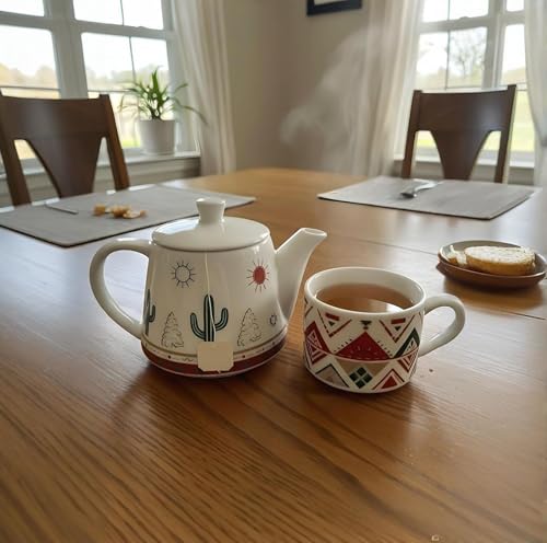 Porcelain Teapot Ceramic Tea for One Set 15OZ Vintage Floral Tea Pot with Cup Stackable TeaPot and MugSet with English Breakfast Tea Gift Box as Home & Kitchen Tools Idear for Tea Lover - style: Cactus