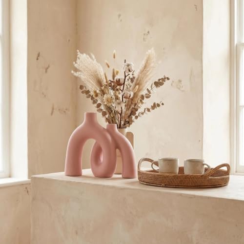 CEMABT Modern Nordic Boho Vase Set - Elegant Pink Matte Ceramic Home Decor for Living Room, Bookshelf, Mantel, Entryway Table & Console Décor | Shelf Decorations Easter Gift - color: Pink-1