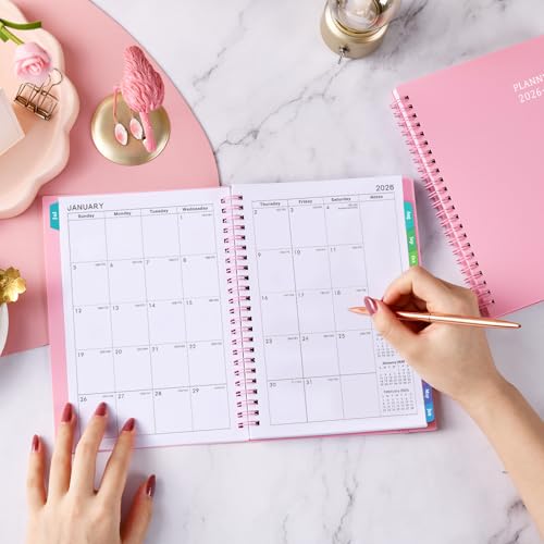 Planner 2026-2027 - 2026-2027 Planner Weekly and Monthly with Tabs, July 2026 - June 2027, 6.25" × 8.3", Strong Twin-Wire Binding - color: Pink