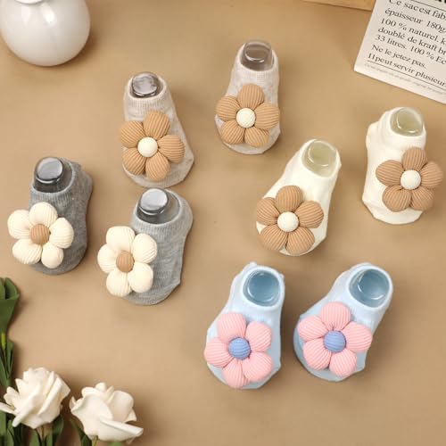4Packs Baby Girls Socks,Flower Non-Slip Grips for Babies Toddler Princess - color: Grey Khaki Off-white Light Blue