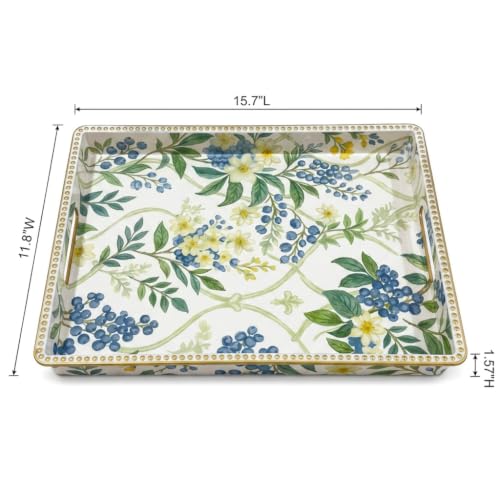 Decorative Serving Tray, Vintage Blue Berry Plastic Tray with Handles & Gold Rim, Multipurpose Storage Tray for Coffee Table, Bathroom, Kitchen & Entryway Home Decor. 15.7" x 11.8" x 1.57" - color: Blue&yellow