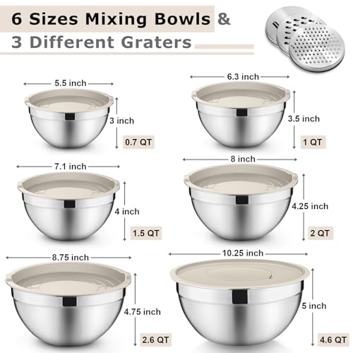 P&P CHEF Mixing Bowls with Lids Set of 6, Nesting Salad Bowl, Khaki - color: Khaki