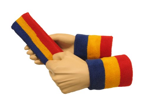 COUVER 3 Color Striped Sports Sweatband Set - color: Blue/Gold Yellow/Red