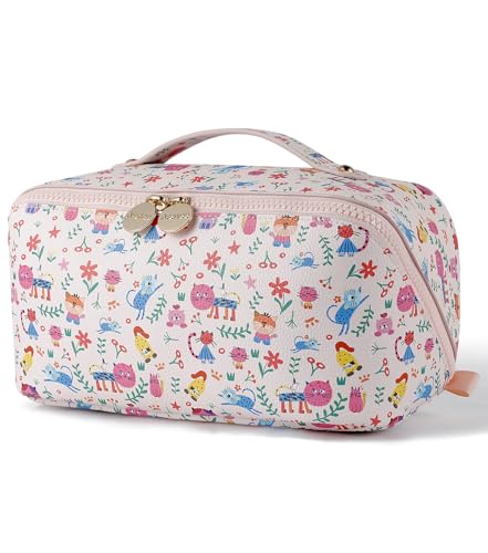 Aveniee Travel Makeup Bag for Women, Large Cosmetic Organizer with Open-Flat Design, Clear Divider & Handle - Waterproof PU Leather Toiletry Case, Cat Pattern - style: Sunshine Kitty