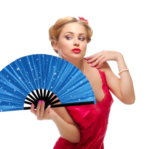 Large Folding Hand Rave Fan for Men/Women, Popping Fan for Line Dancing, Decorative Folding Hand Fan for Boots On The Ground, Festival, Gift, Home Decorations(Blue) - color: Blue