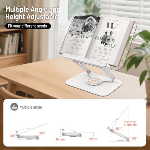 Acrylic Book Stand for Reading Hands Free - Adjustable 360° Rotating Cookbook Holder with Elastic Page Clips & Foldable Base, Multi-Angle Desktop Display Stand for Recipes, Textbooks, Tablets, Bibles - color: White