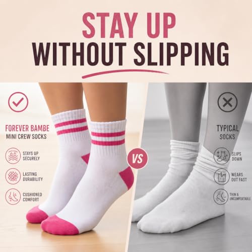 Forever Bambe Mini Crew Socks for Women 4-Pack Cushioned Bottom Retro Striped Socks - Athletic Women's Short Calf Sock - color: 2 - Pink