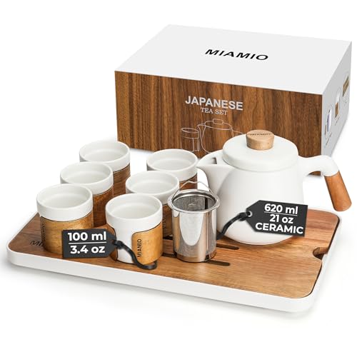 MIAMIO - Japanese/Chinese Tea Set 6 x 3.4 oz/Asian Tea Pot 21 oz with Tea Infuser, Traditional Japanese Tea Cups Set for Tea Lovers/Men/Women (White) - color: White