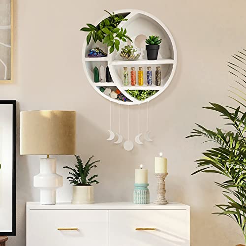 Wooden Crescent Moon Shelf - Round Wall Crystal Shelf, Witchy Circle Decor - color: White