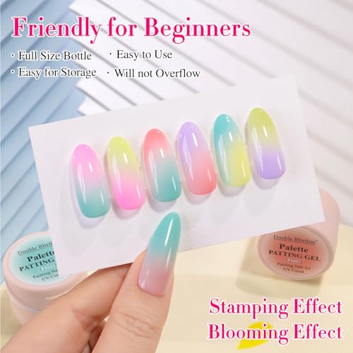 Double Rhythm Painting Gel Polish Set for Nail Art Palette Patting Gel Polish 6 Colors with 100 Pcs Sponges and Grabbing Pen (Peach Purple Pink Blue Green Yellow-T6-68) - color: Blue Green Yellow