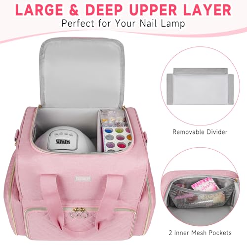 Nail Polish Organizer Holds 80 Bottles and a Nail Lamp,Nail Polish Carrying Case with 2 Removable Bags,Nail Organizers and Storage for Nail Tech,Portable Nail Polish Holder for Nail Supplies,Pink - color: Pink