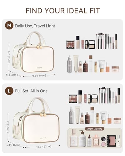 Prite Large Makeup Bag, Waterproof Travel Cosmetic Case with Brush Holder - color: Beige, size: Large