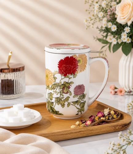 AmorArc Tea Cup With Infuser and Lid, 18oz Loose Leaf Tea Mug With Steeper - color: Colorful Mums