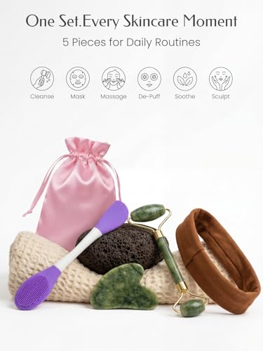 5PCS Face Roller & Gua Sha Facial Tools, Face Massage for Wrinkle Reduction & Puffiness Relief, Includes Silicone Scrubber, Headband & Travel Pouch, Jawline Sculpting and Pore Cleansing Set - color: Multicolor, size: 5PCS