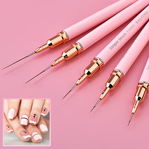 Yasterd 6pcs Pink Metal Handle Nail Art Brushes,Liner Long Striper Set - color: Pink