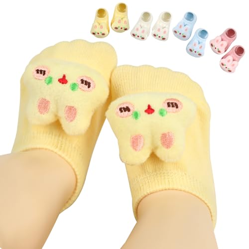 4 Pairs Baby Girl Socks with Non-Slip Grips,Cute Rabbit Low Cut Ankle Socks for Newborn Toddler Infants 0-6 Months - color: Pink Blue White Yellow