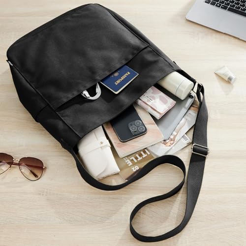 KALIDI Canvas Tote Bag Zipper Large Crossbody Shoulder Bag Messenger Bag - color: Black