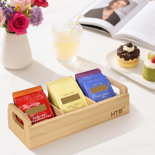 HTB Small Bamboo Tea Bag Holder with 3 Compartments - color: Bamboo 1PCS
