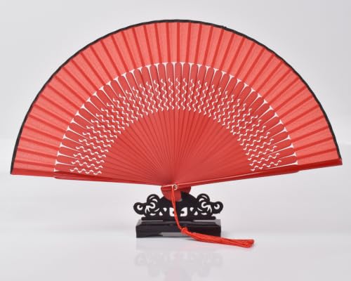 8.27" Top Green Bamboo Silk Folding Fan, Traditional Chinese/Japanese Handheld Fan for Daily Use, Decor & Gift (Red Silk Hand Fan+Case 1p) - color: Red Silk Hand Fan+Case 1p