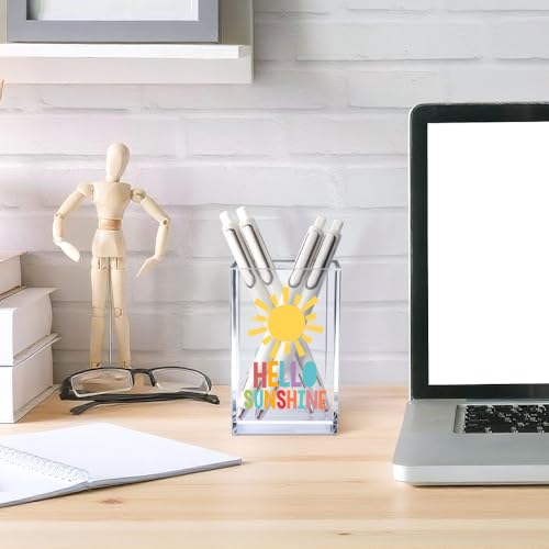 Hello Sunshine Acrylic Cosmetic Pencil Pen Holder Cup, Inspirational Sunshine Desk Organizer Accessories for Home Office Decor, Motivational Appreciation Gifts for Coworker Teacher Secretary - style: Hello Sunshine