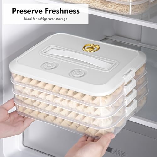 4 Layer Dumpling Box, Food Storage Containers with Lid and Handle, Stackable Biscuit Storage Box for Kitchen and Fridge (White Lid)