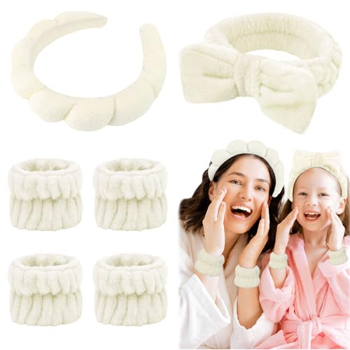 6 Pcs Puffy Spa Headband and Wristbands, Beige, Hairband for Washing Face Skincare, Absorbent Headband for Shower, Yoga, Makeup, Unisex-Adults - color: Beige