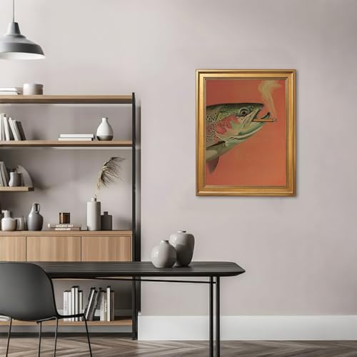 EQUEEN Trout Poster Wall Art Wall Decor Vintage Fish Canvas Print Funny Fishing Art For Cabin Man Cave16x24inch Golden frame - color: style-5, size: 16"L x 24"W