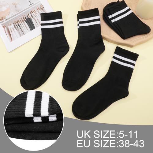 Womens White Crew Socks 6 Pair Striped Trim Casual Crew Socks - color: Black