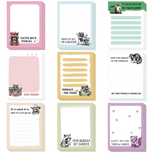 9Pcs Raccoon Sticky Notes, Funny Animals Self-Adhesive Notes, Cute Cartoon Raccoon Design Sticky Notepads for Teacher Student School Meeting Office Worker Accessories Gifts - color: Raccoon