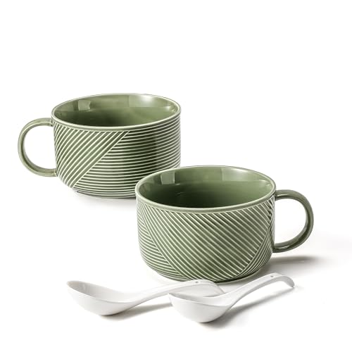 Soup Bowls with Handles, Microwave Safe 38 Oz, Green - color: Green 2pcs