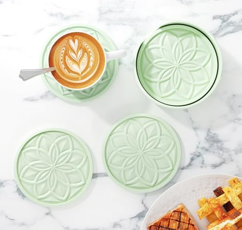 HFHOME Silicone Coasters Set for Drinks - 6 Pack With Holder, Table Cup Mat for Coffee Table, Desk, Bar - Tabletop Protection Gift - Nyanza Green - color: Nyanza Green