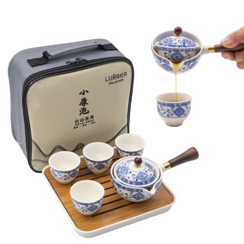 LURRIER Porcelain Chinese Gongfu Tea Set,Portable Teapot Set with 360 Rotation Tea maker and Infuser,Portable All in One Gift Bag for Travel,Home,Gifting,Outdoor and Office (Floral White) - color: Floral white