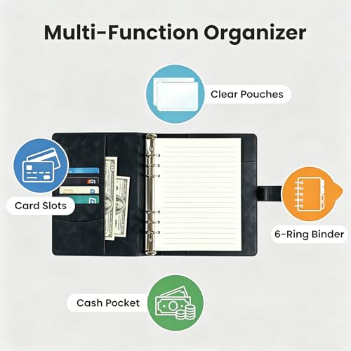 A5 6 Ring PU Leather Binder Notebook Refillable Planner Organizer, Budget Binder with Pockets Dividers Refill Paper for Office School Travel Diary (Black) - color: Black