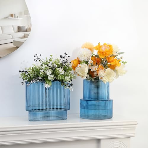 Blue Glass Vases, Set of 2 Ribbed Vases for Flowers, Blue Vase for Tulips, Modern Glass Vase for Living Room, Dining Table, Office, Entryway, Mantle, Bookshelf, Wedding Gifts - color: Blue, size: Large+Oval