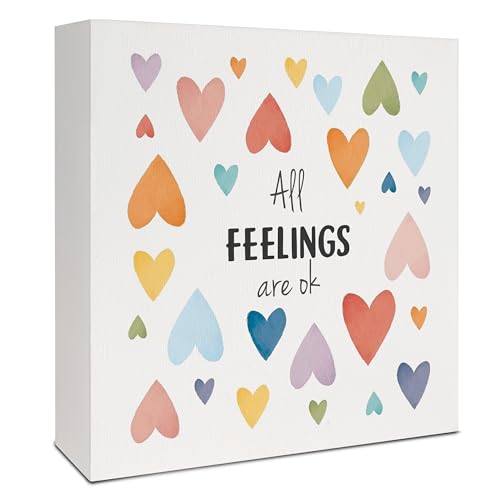 All Feelings Are OK Mental Health Wooden Box Sign for Classroom, Therapy Office Decor, Mental Health Awareness Wood Signs for School Counseling Office Classroom Desk Table Shelf, 5x5 Inch - color: Mental Health-All Feelings Are OK