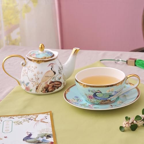 ACMLIFE Tea Set For One - Vintage Floral Bone China Tea Set for One Teapot fnd Cup Set, Bone China Teapot & Cup, 12 Oz, Blue and WhiteTea Set for Women for Gift(Light blue) - color: Light Blue