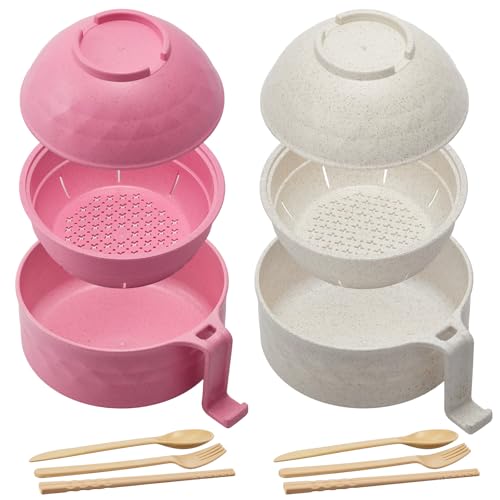 2 Sets 40 oz Microwave Ramen Bowl with Handles, Beige, Pink - color: Beige, Pink