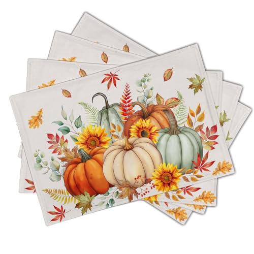 Pumpkins Maple Leaves Placemats Set of 4 Sunflowers Autumn Thanksgiving Table Mats 12 x 18 Inch Farmhouse Decoration for Party Dining Kitchen - color: Watercolor Pumpkin