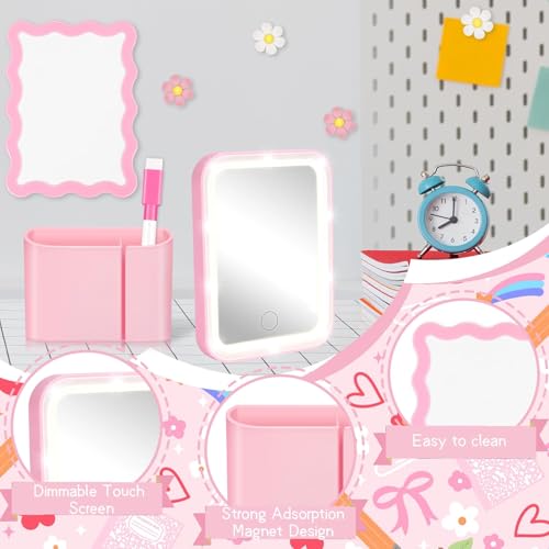 Pink Locker Accessories Kit Back to School Essentials Includes Locker Light up Mirror Magnetic Whiteboard Pen Holder Magnetic Flower Decoration and Organizing Supplies Backing for Girls