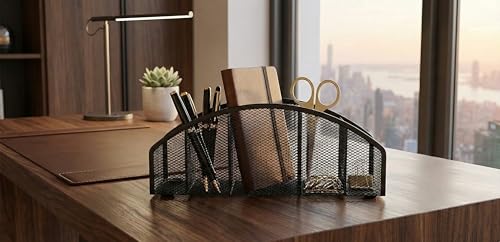 5-Tier Desk Organizer & Pen Holder, Large-Capacity Metal Mesh Pencil Cup, Cute Aesthetic Desktop Caddy for Markers, Art Supplies, Makeup Brushes, Black
