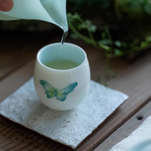 KAMMAK Tea Cup, 2.3oz Small Tea Cups Set of 2, White Porcelain Tea Cups, Ceramic Teacups for Home, Party, Office, Chinese Kungfu Tea Set for Hot/Cold Drink (Blue Butterflies) - style: 712N Blue Butterfly