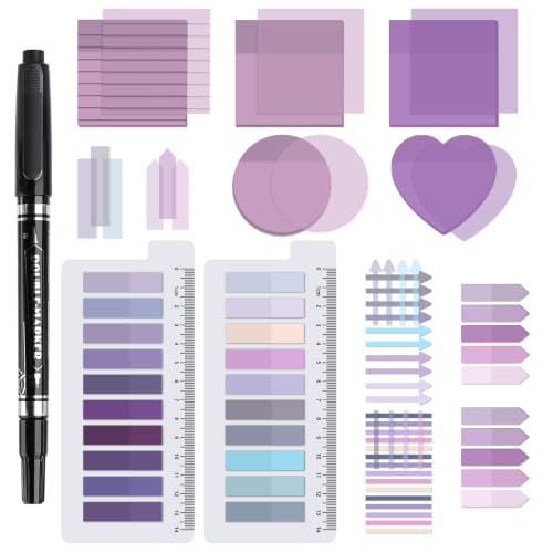 1450 Sheets Transparent Sticky Notes, 3 x 3 inch Aesthetic Clear Lined Sticky Notes with Pen, Gradient Color Waterproof Self-Adhesive Annotation Tabs for Bible Journaling (Purple) - color: Purple