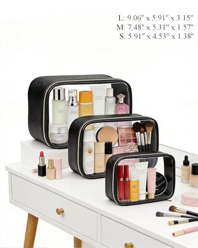 3Pack Clear Makeup Bags Set, Clear Travel Makeup Bag Waterproof Makeup Case Small Toiletry Bag with Zipper Portable Cosmetic Pouch Makeup Storage Bag Car Bag for Essentials - color: Black Set-1