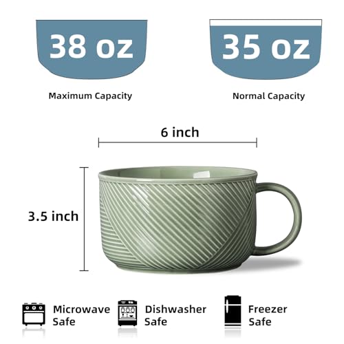 Ceramic Soup Bowl with Handle, 38 oz Microwave Safe, Pea Green - color: Pea Green