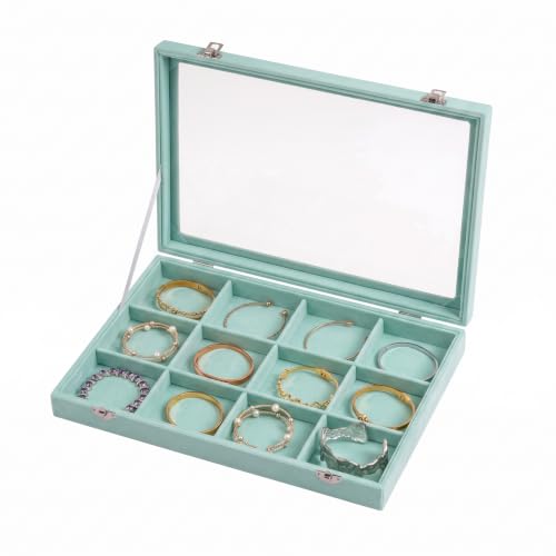 Frebeauty 12 Grid Bracelet Holder Box,Velvet Jewelry Tray with Clear Lid - color: Turquoise, size: 12 Grid