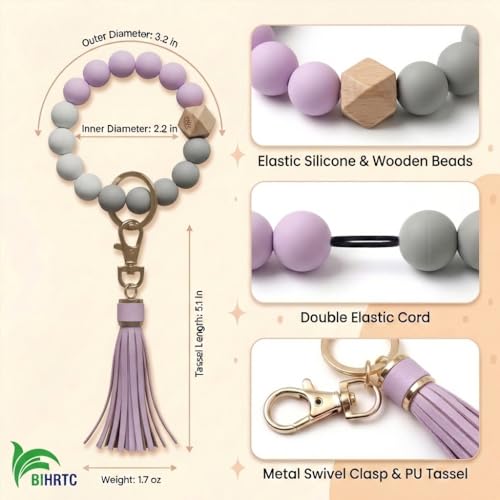 BIHRTC Key Ring Bracelet Car Keychain Holder Wristlet Silicone Women Beaded Bangle Chains - color: Eye Lavender Purple
