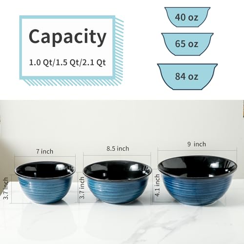HASENSE Mixing Bowls, Ceramic Serving Bowls Set for Cooking, Baking, Prepping, Large Nesting Bowls for Salads, Fruit, Popcorn, 2.1/1.5/1.0 Qt, Dishwasher & Microwave Safe, Blue - color: Blue, size: 40+65+84 Ounce