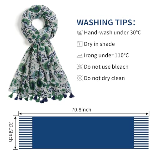 QIUTIMIY Scarf for Women Lightweight Soft Floral Leopard Printed Scarves Fall Winter Fashion Shawl Wrap with Fringe - color: Flower-green Blue