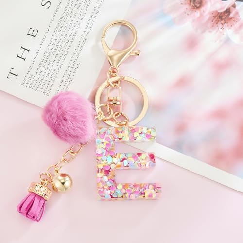 Resin Alphabet Initial Letter Keychain Keyring for Women Purse Handbags With Fur Ball Pom - color: Deep Pink Fur Ball Letter E