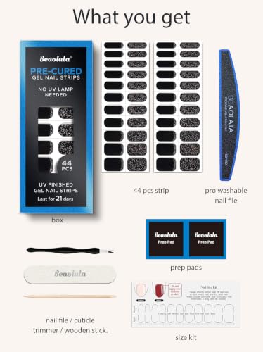 Real Gel Nail Strips (No UV Light Needed) - 44Pcs Salon Quality Nail Stickers - Long Lasting Polish Wraps for Women, Easy Apply & Remove (Midnight Shimmer) - color: Midnight Shimmer Black